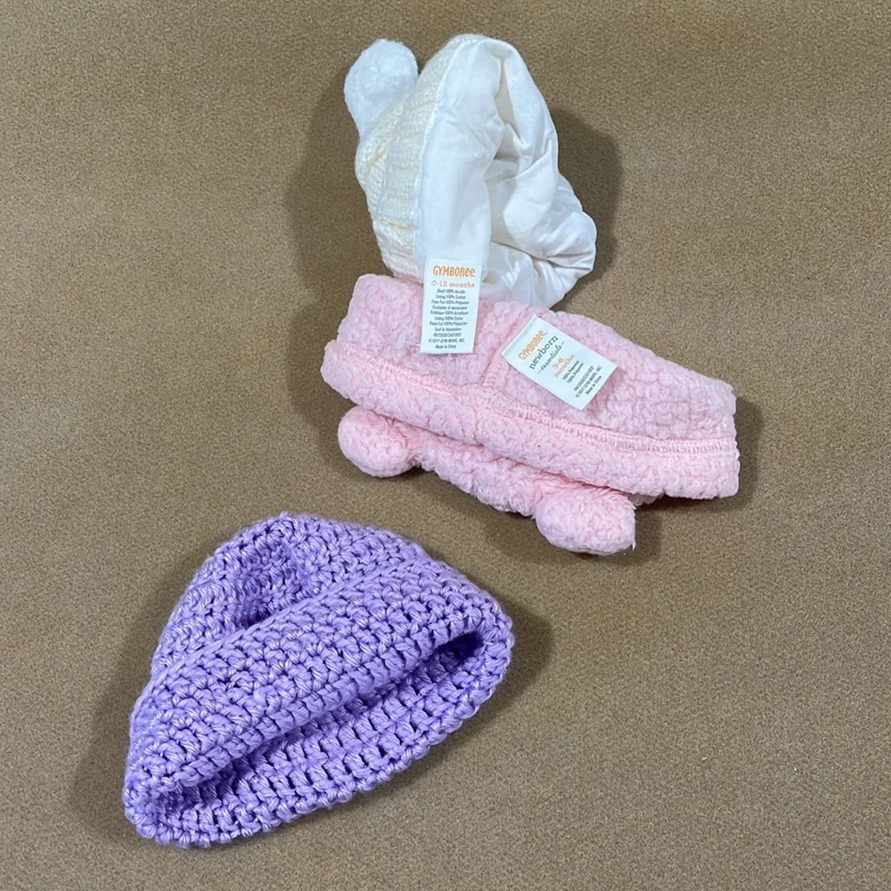 GYMBOREE & HANDMADE SET OF 3 KNIT CAP HATS FOR BABY GIRL SIZE 3-6, & 0-12